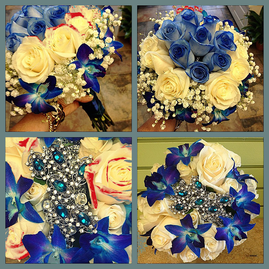 wedding bouquet with brooches Beautiful Blue teal bouquets Blue roses blue orchids & white roses