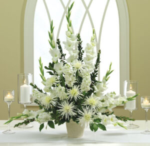 White Wedding Altar Arrangement Elegant altar flowers for weddings
